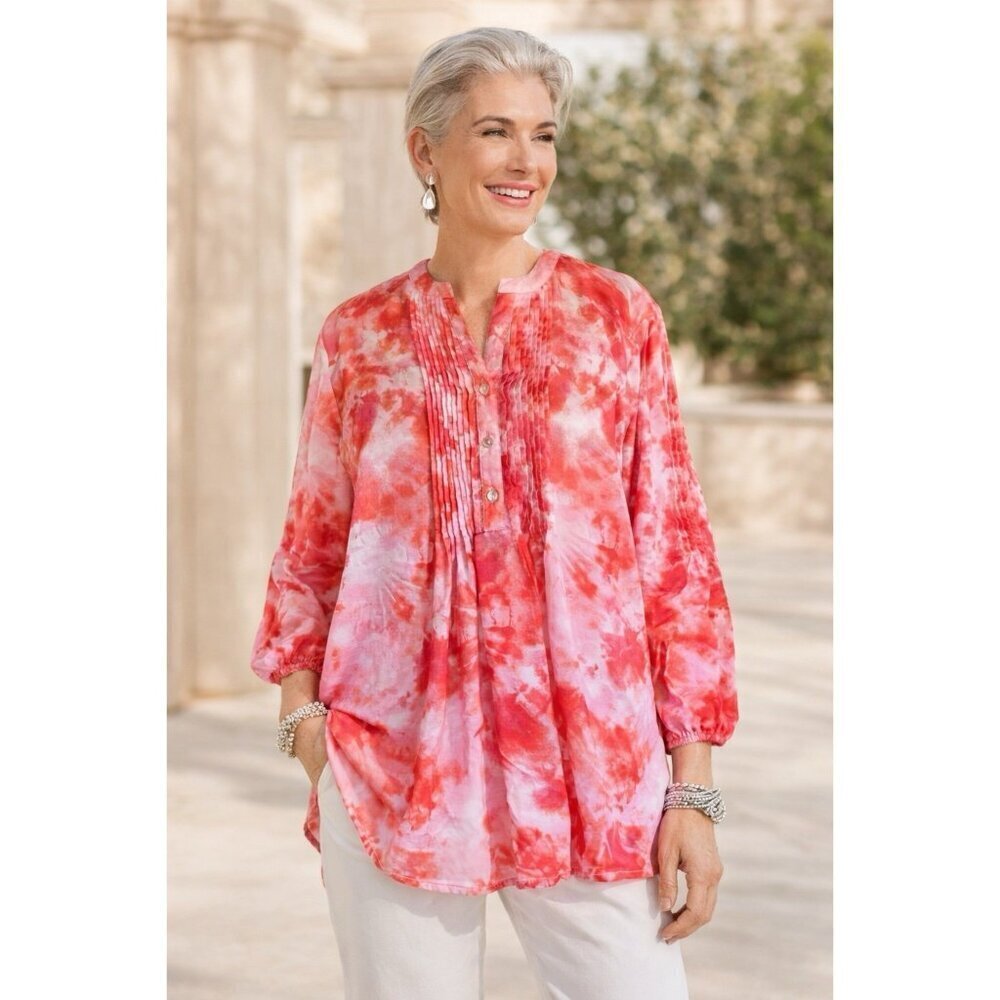 Chicos Womens Tunic Top Sz XL 3 Pink Orange Tie Dye Pintucked Popover Shirt Boho